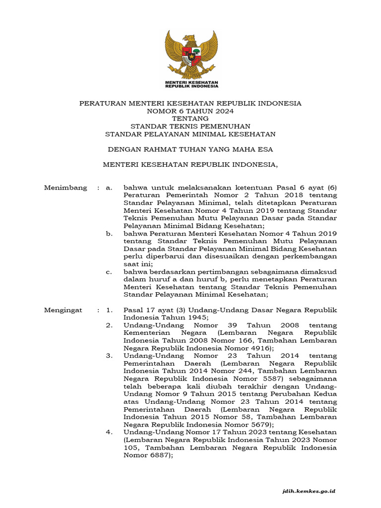 PMK No. 6 TH 2024 TTG Standar Teknis Pemenuhan Standar Pelayanan