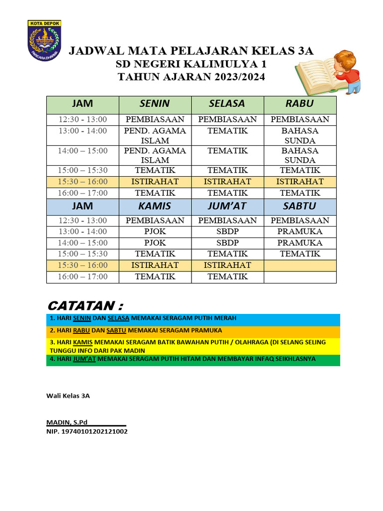 Jadwal Mata Pelajaran Kelas 3a | PDF