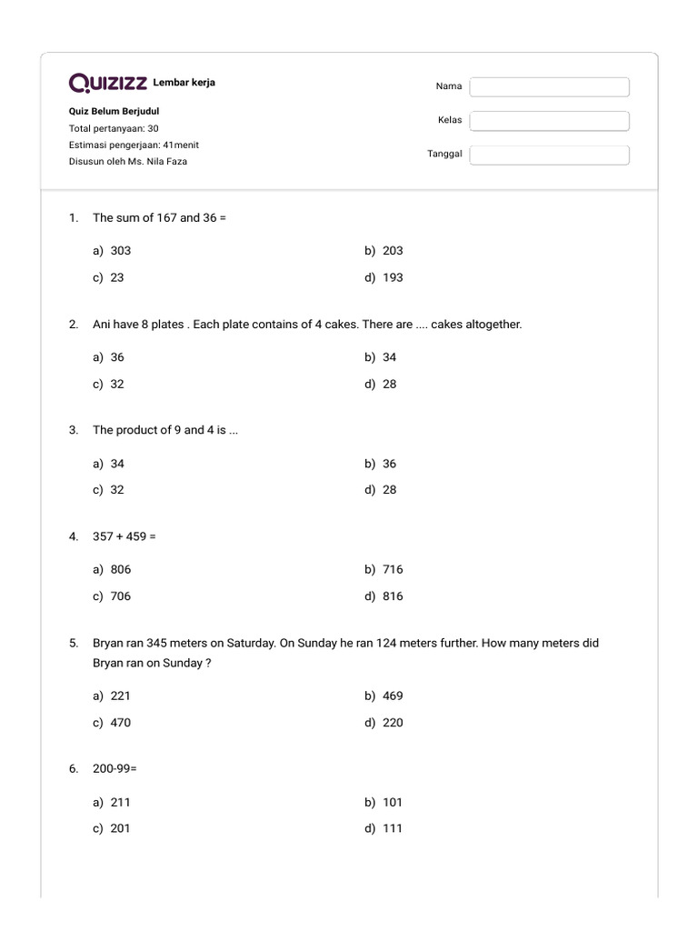 30 Math Quiz Questions for Students | PDF