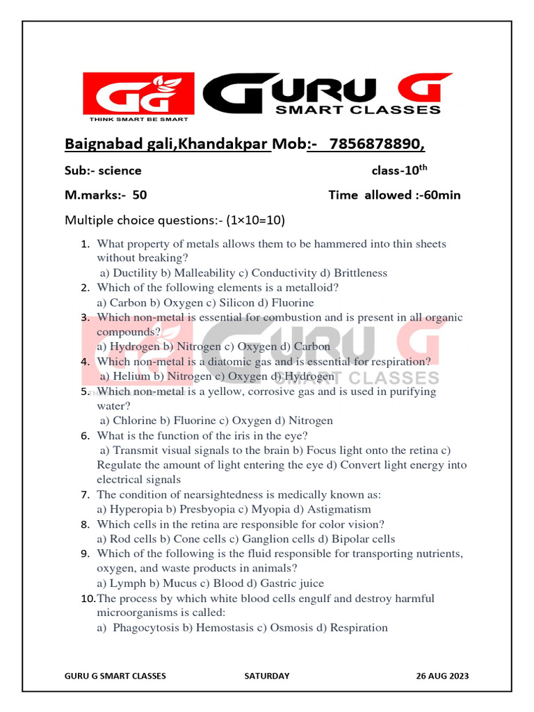 Class 10 Science Exam Questions | PDF | Kidney | Eye