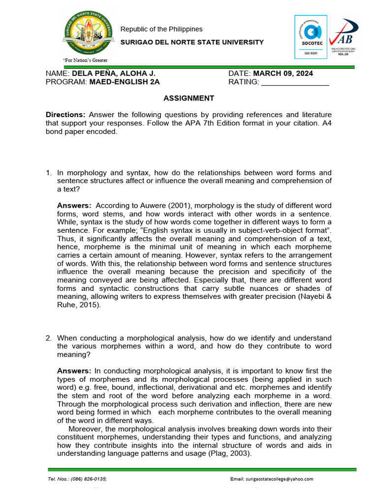 Morphology Assignment Pdf Morphology Linguistics Word