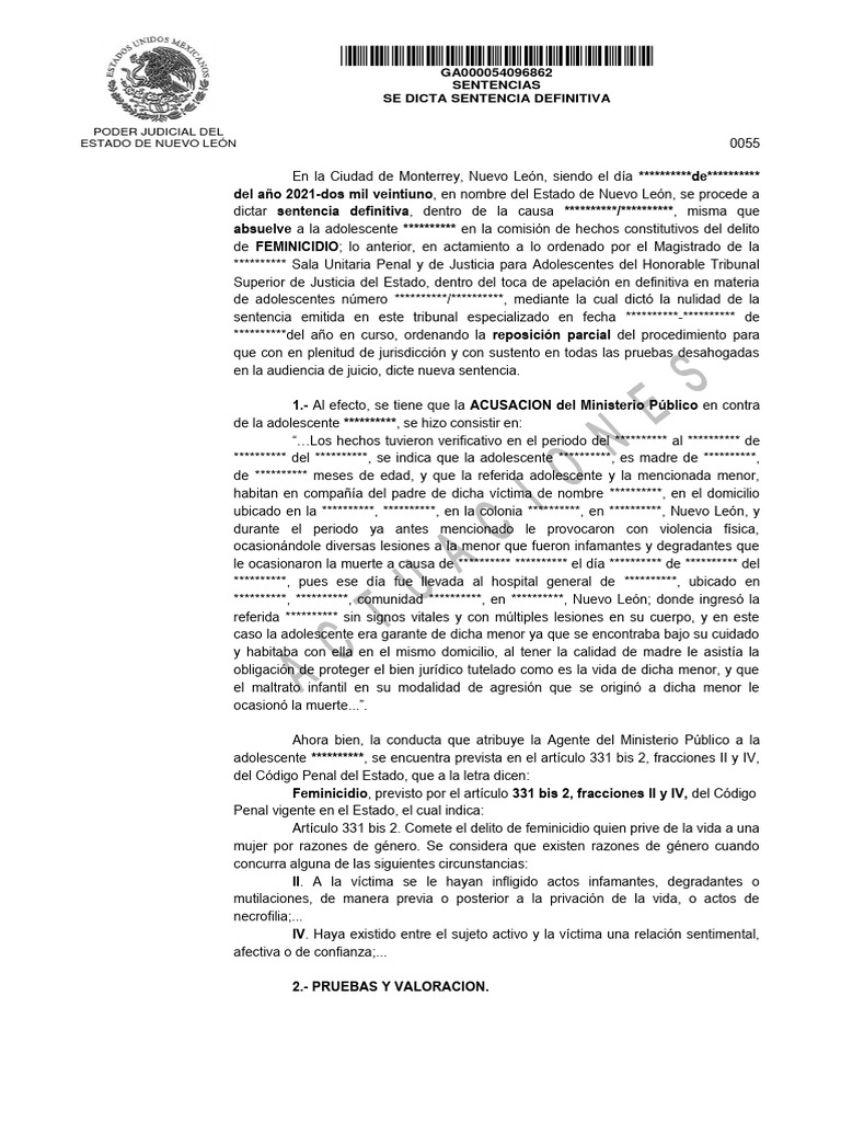 Sentencia Absolutoria por Feminicidio en NL | PDF | Sentencia (ley ...