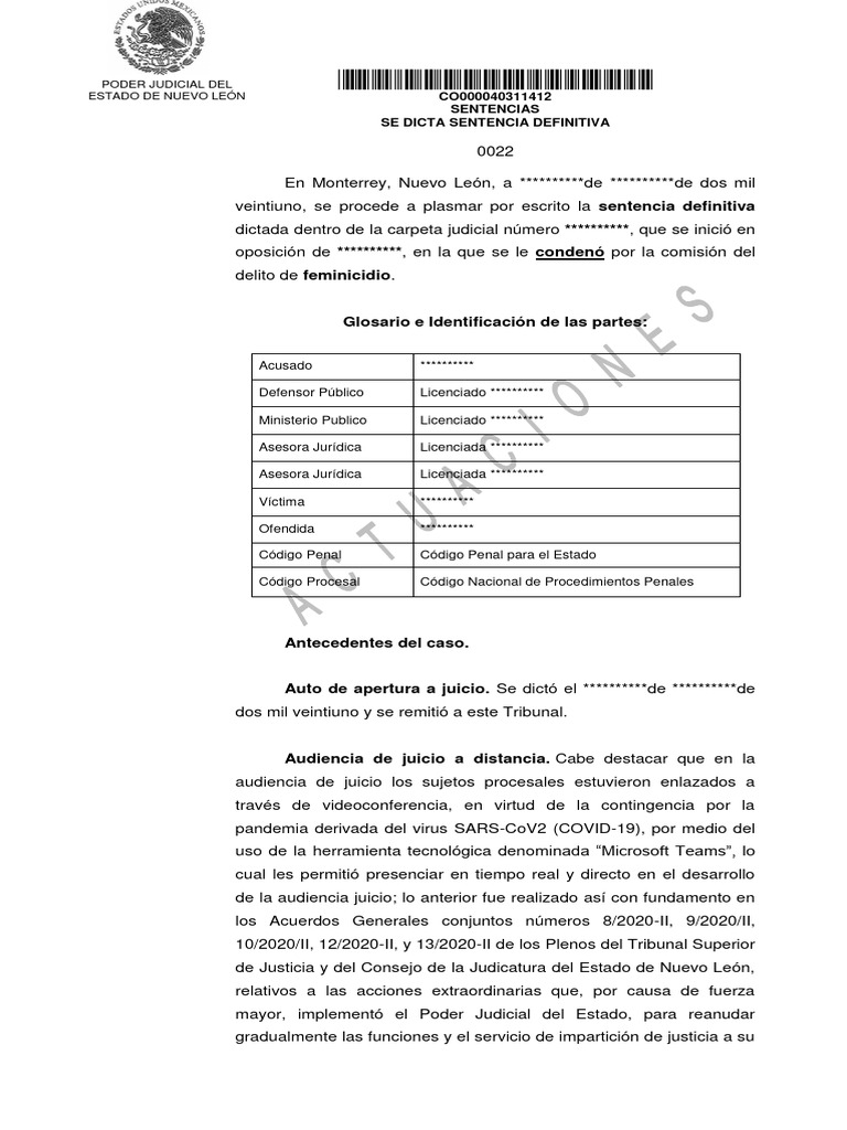 Sentencia por Feminicidio en NL | PDF | Testigo | Sentencia (ley)