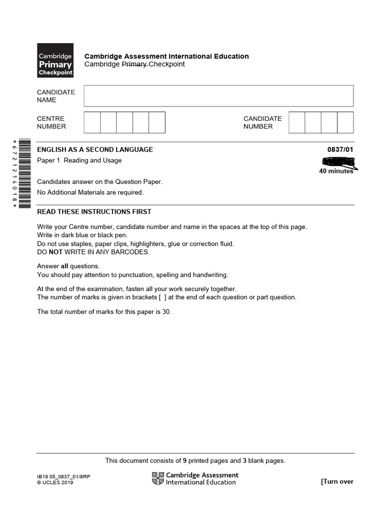 Cambridge primary checkpoint english as a second language 0837