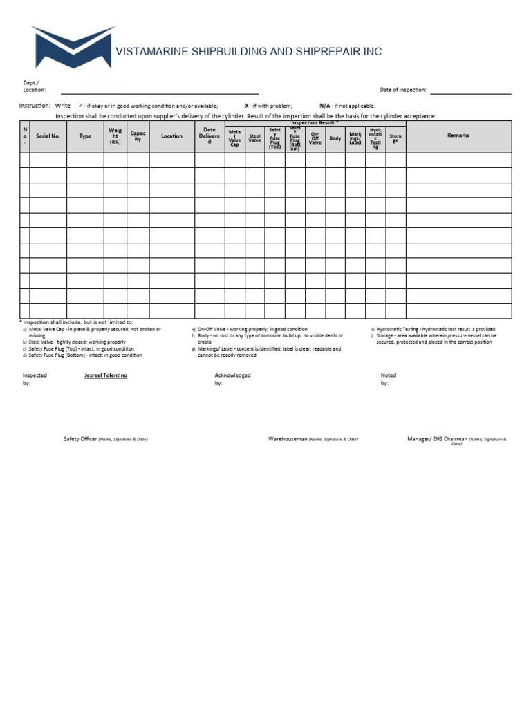 Compressed Gas Cylinder Inspection Report | PDF | Hydraulics | Equipment