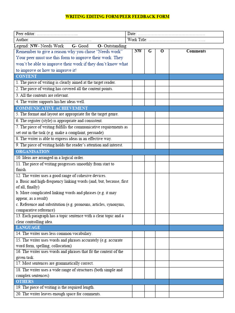 Peer Feedback Form for Writing Editing | PDF
