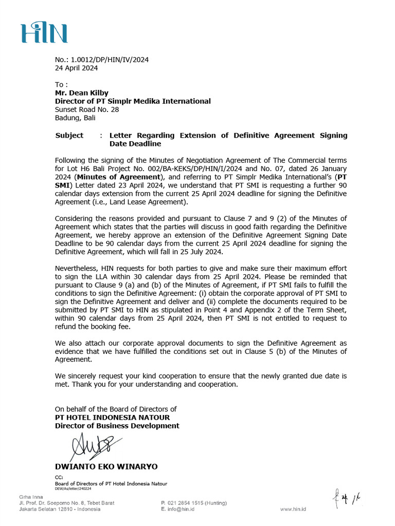 1.0012 - Letter Regarding Extension of Definitive Agreement Signing ...