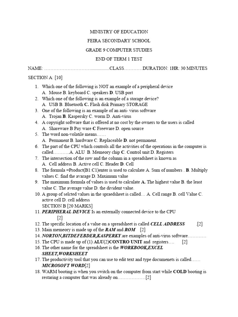 G9 End of Term Test Marking Key | PDF | Spreadsheet | Computer Data Storage