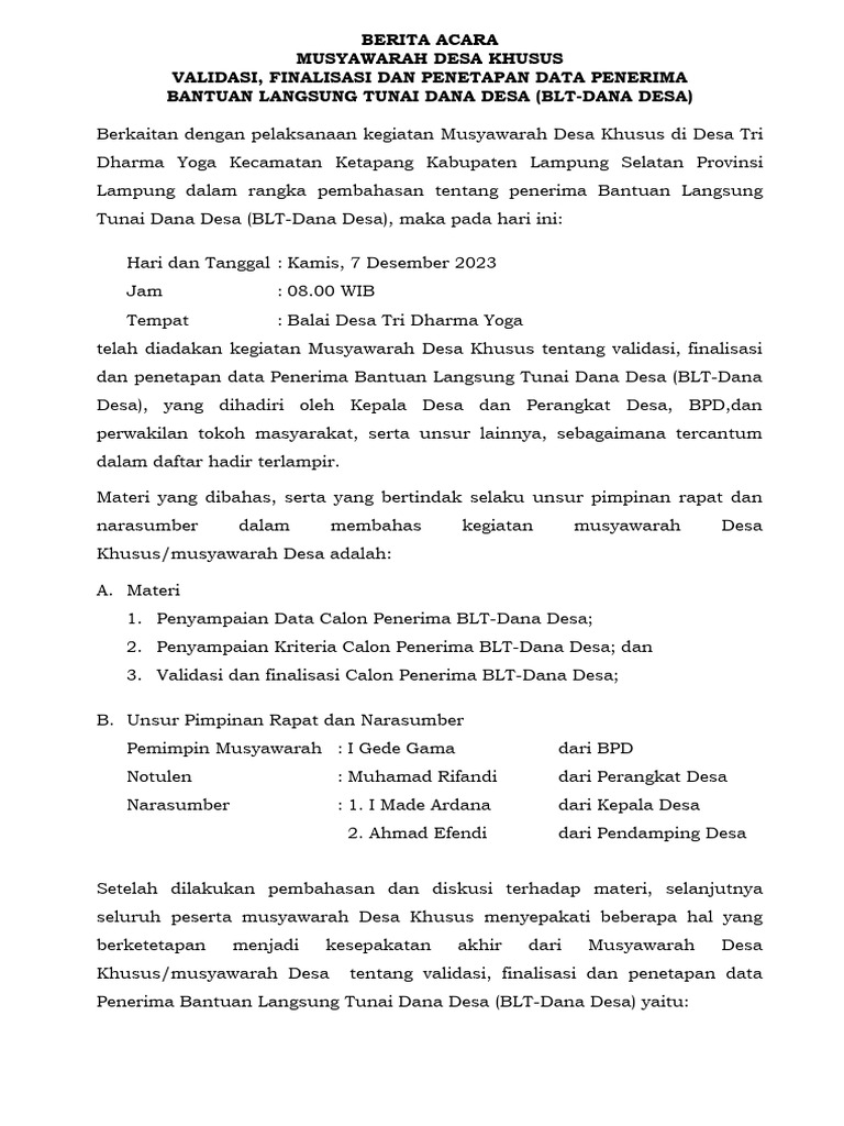 Berita Acara Musdes Khusus BLT DD 2024 | PDF