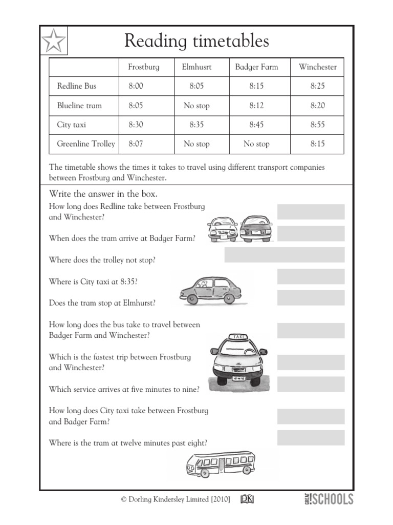 Reading Timetables: Write The Answer in The Box | PDF | Electric Public ...