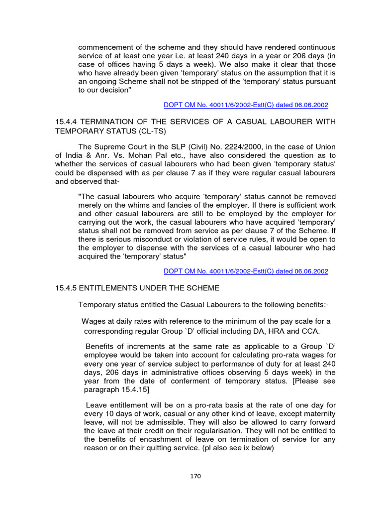 Temporary Status for Casual Labourers | PDF | Employment | Wage