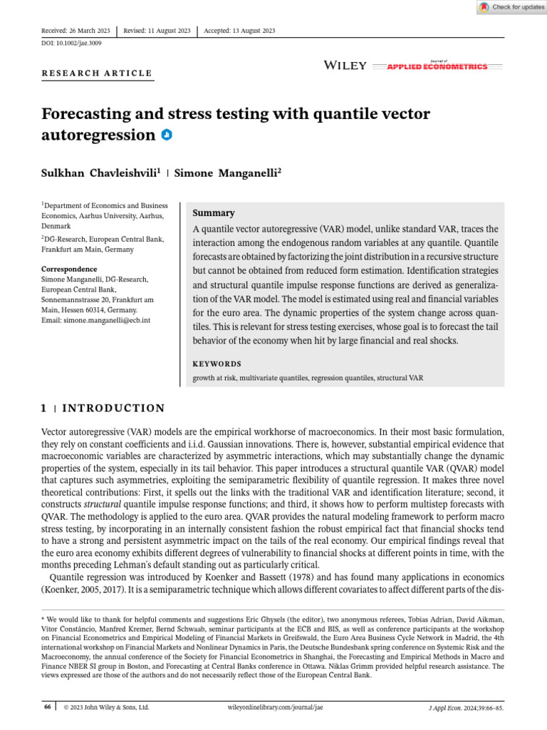 Quantile VAR for Euro Area Stress Testing | PDF | Vector Autoregression ...