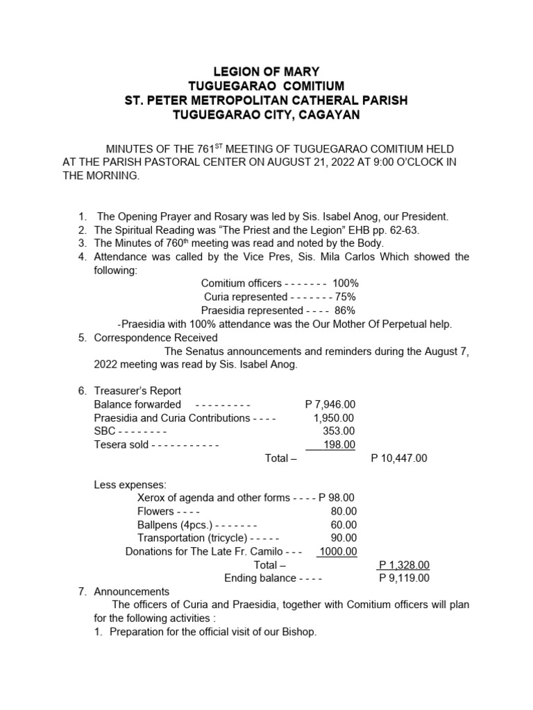 Minutes of 761st Legion of Mary Meeting | PDF | Confirmation ...