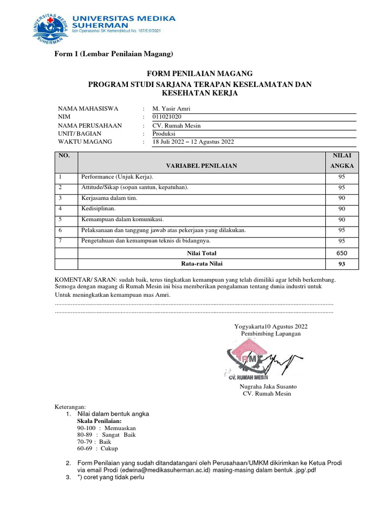 Form 1 (Lembar Penilaian Magang) | PDF