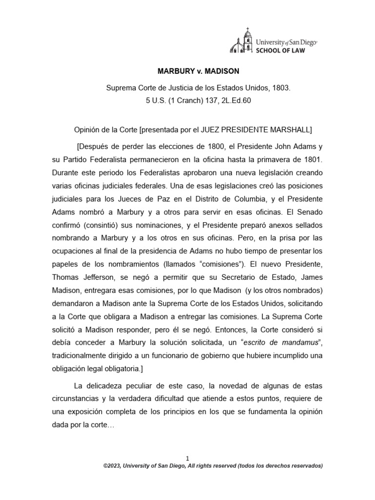 Análisis del caso Marbury v. Madison | PDF | Constitución | Marbury V ...
