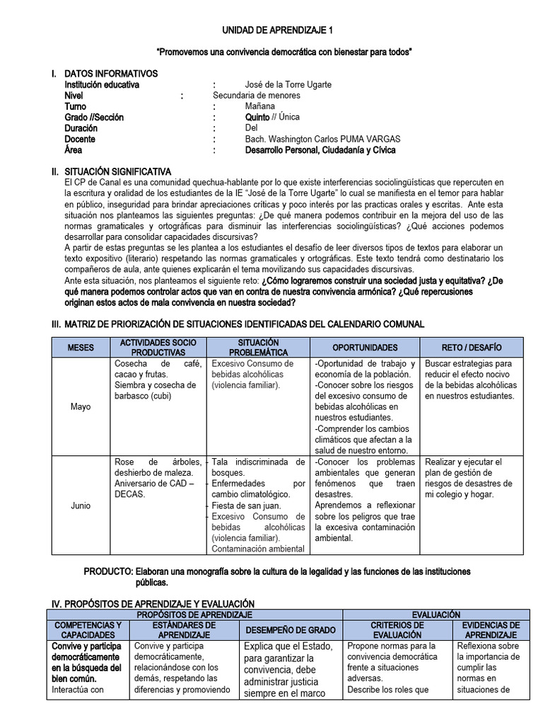 01 Unidad de Aprendizaje 2 DPCC - 5° 2024 | PDF | Aprendizaje | Democracia