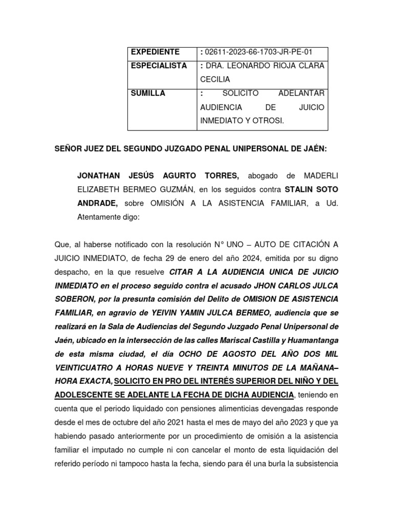 Solicitud de adelanto de audiencia penal | PDF | Justicia | Crimen y ...