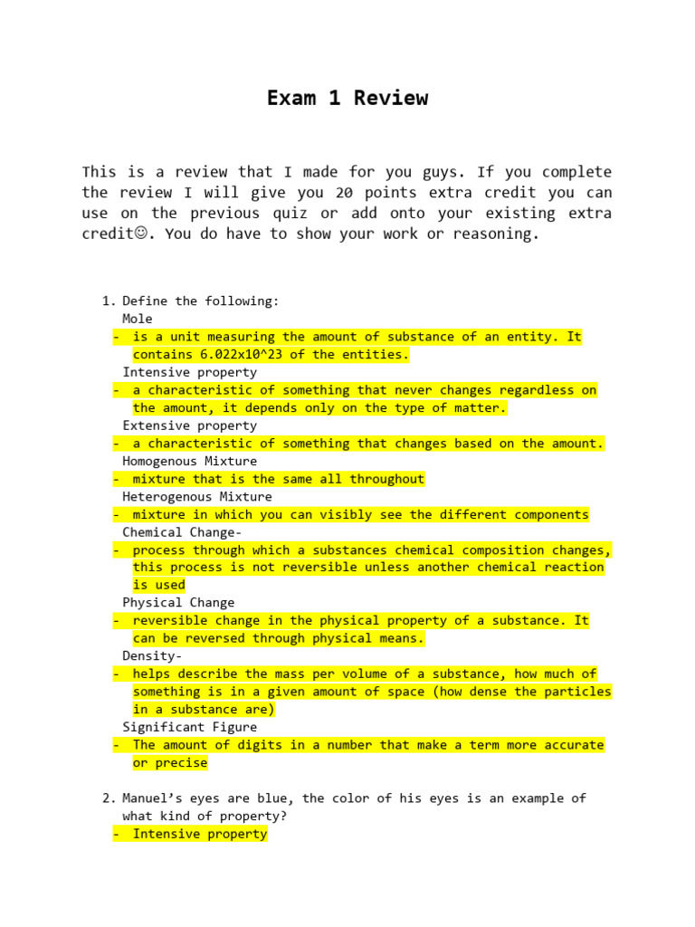 Exam 1 Review Chem 1305 Finished Pdf Mixture Mole Unit
