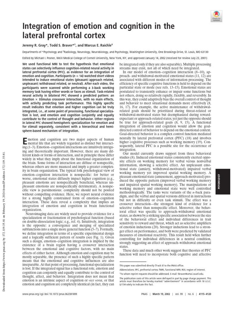 Emotion-Cognition Integration in PFC | PDF | Prefrontal Cortex | Emotions