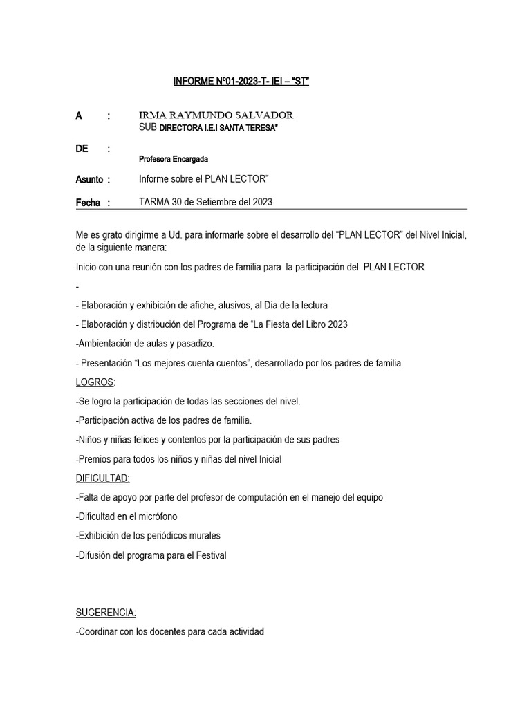 Informe De Plan Lector Pdf