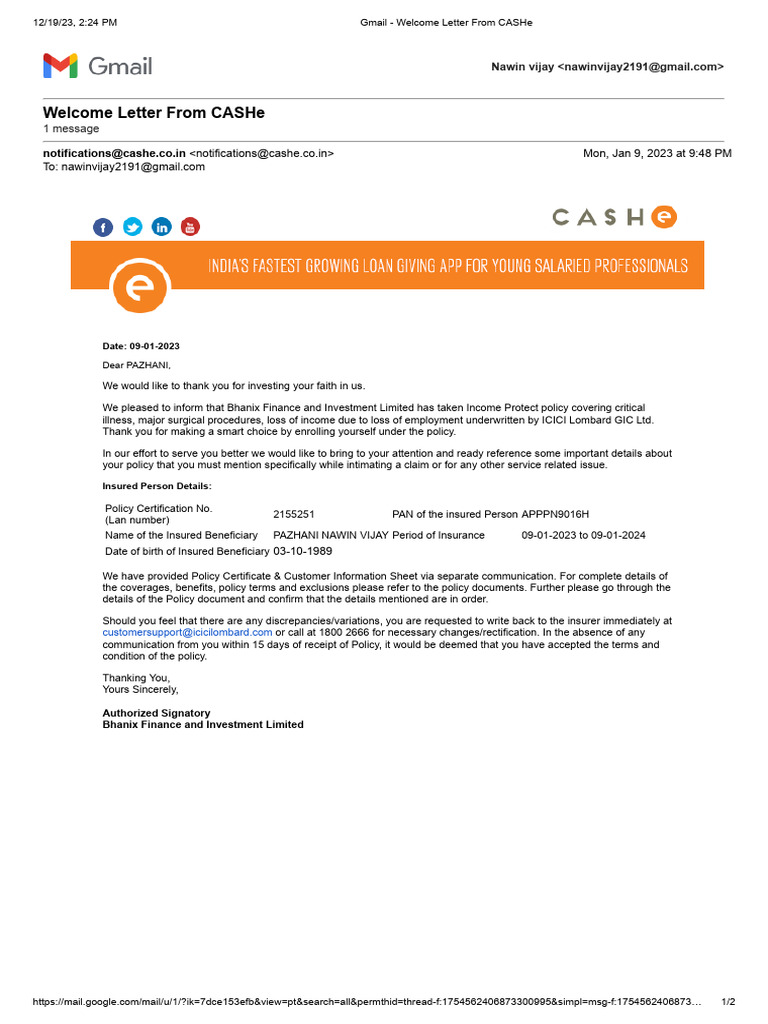 Welcome Letter for CASHe Policy Holders | PDF | Insurance | Financial ...