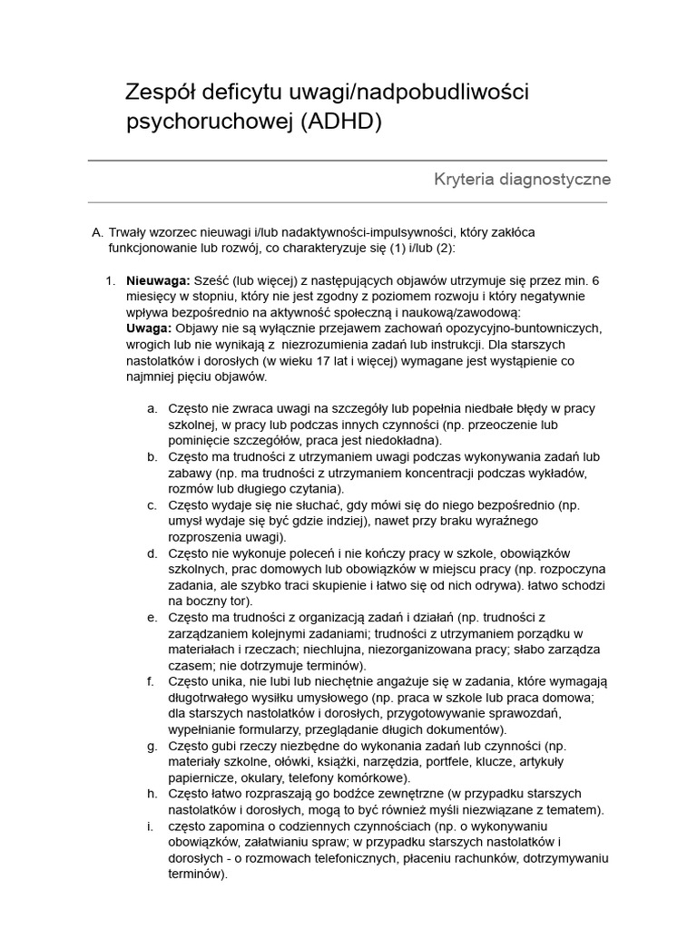 ADHD - Kryteria Diagnostyczne | PDF
