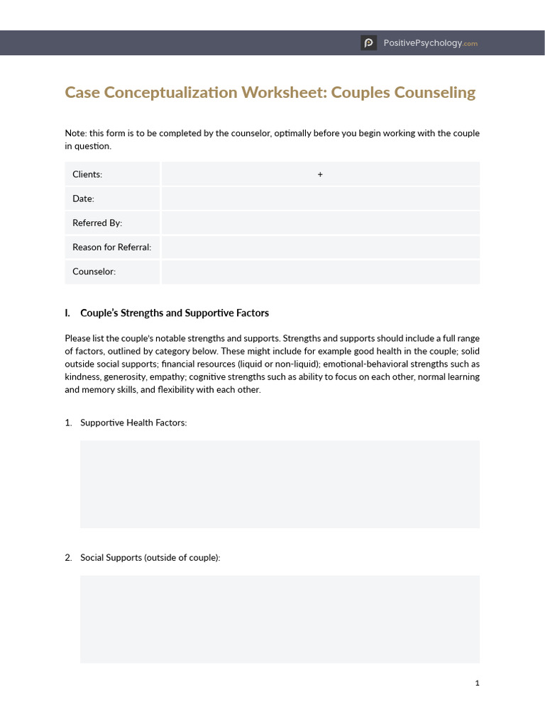 Case Conceptualization Worksheet Couples Counseling PDF