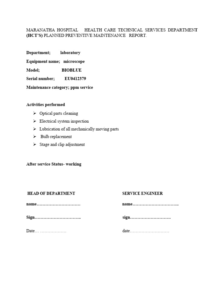 Preventive Maintenance Report for Microscope | PDF