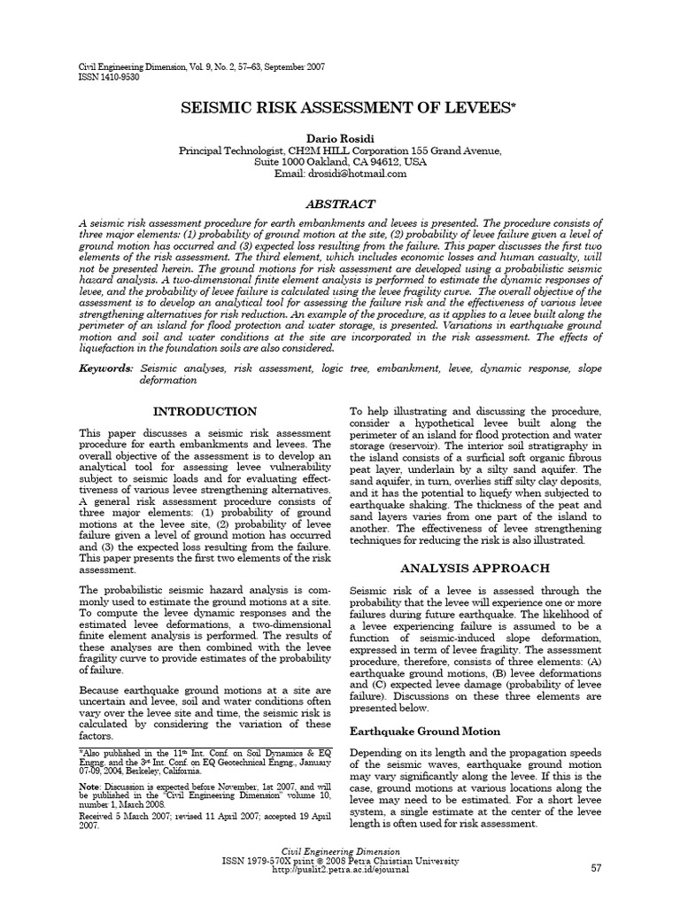 Seismic Risk Assessment Of Levees Pdf Earthquakes Moment