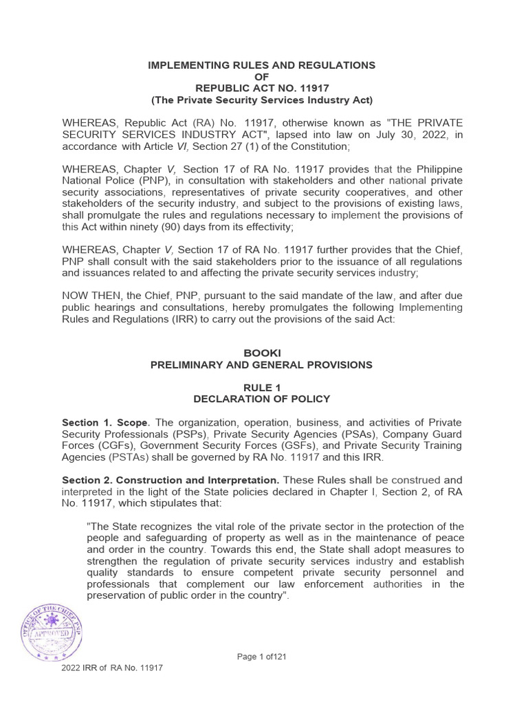 IRR of RA 11917: Security Services Act | PDF | Security Guard