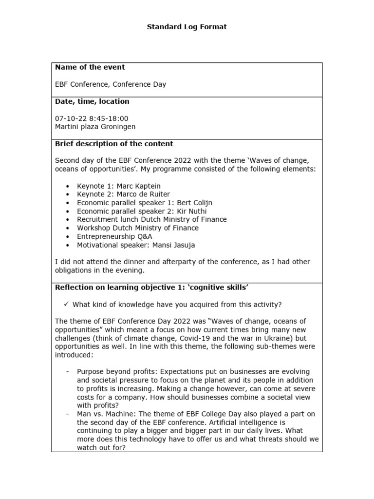 Example Log EBF Conference Day | PDF | Entrepreneurship | Pfizer