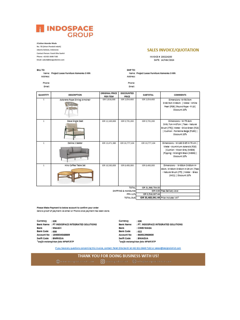Furniture Sales Invoice Jakarta | PDF | Indonesian Rupiah | Invoice