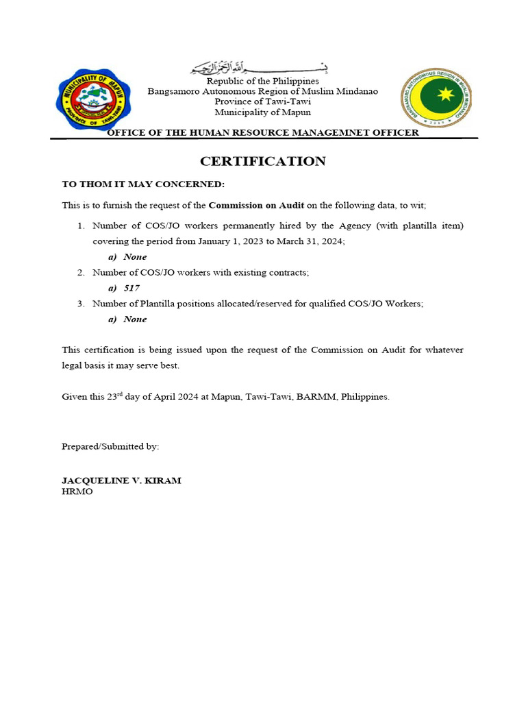 Certification of COS/JO Workers Data | PDF