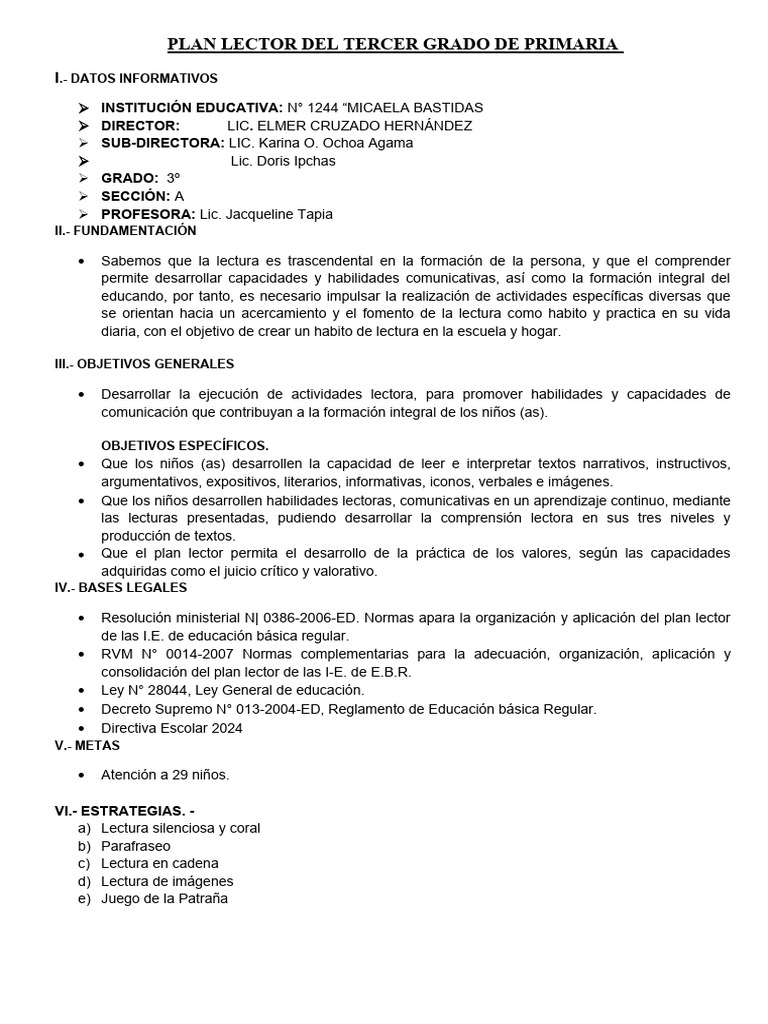 Plan Lector Del Tercer Grado de Primaria | PDF | Comprensión lectora ...