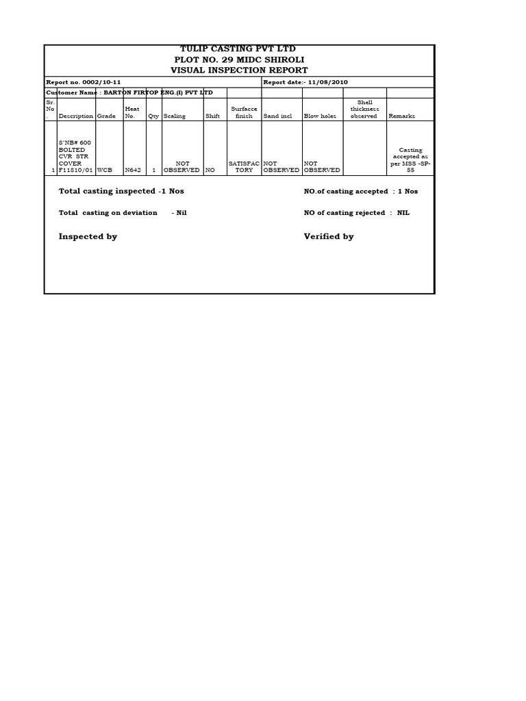 Tulip Casting Visual Inspection Report | PDF | Metals | Metalworking