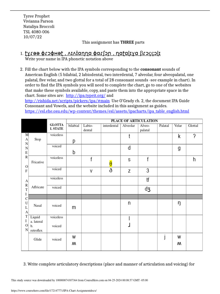 IPA Consonant Chart Assignment | PDF | Phonetics | Human Voice