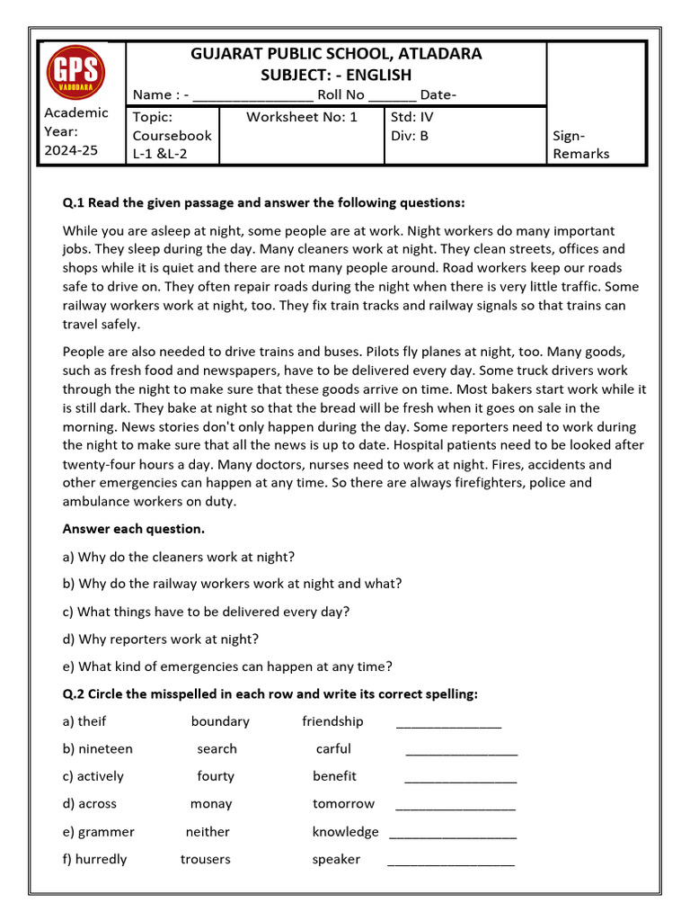 Iv STD English Coursebook Worksheet (24-25) | PDF