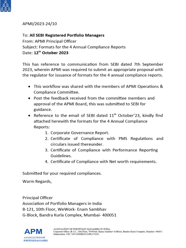 APMI Annual Compliance Report Formats | PDF | Regulatory Compliance | Audit