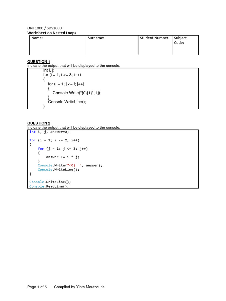 Worksheet On Nested Loops | PDF | Computer Programming | Software ...