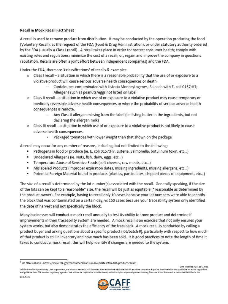 Food Recall & Mock Recall Guide | PDF | Food And Drug Administration ...