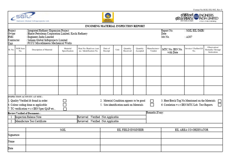 Incoming Material Inspection Report | PDF