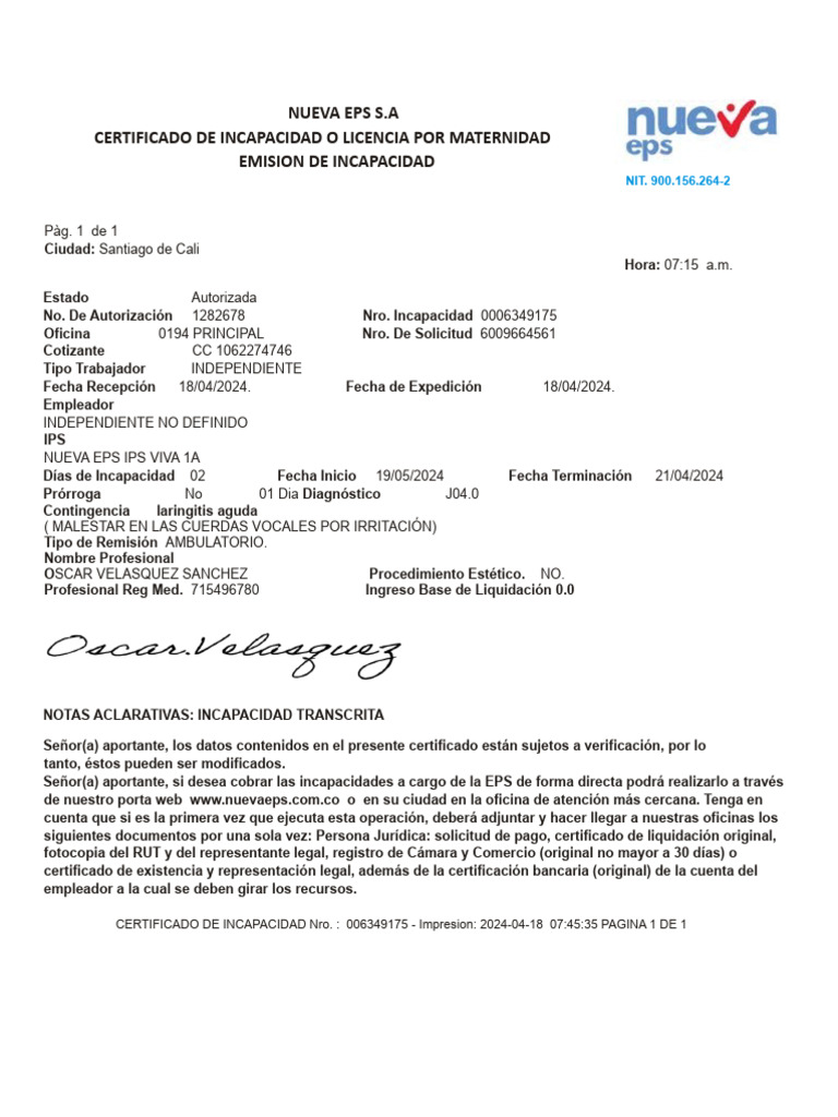 Nueva Eps Certificado Paola Oquendo | PDF