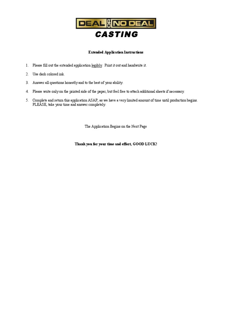 Deal or No Deal Application PDF Television Network Nbc