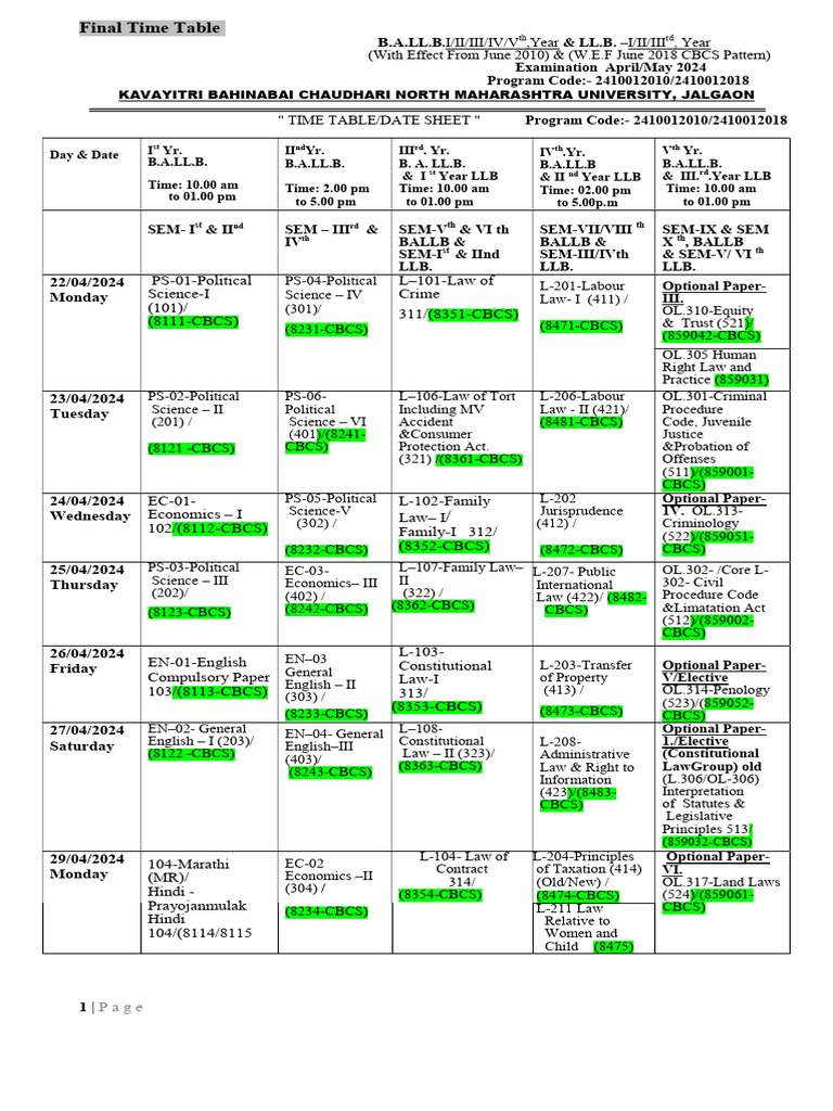 B.A.LL.B. Exam Schedule April 2024 | PDF | Justice | Crime & Violence