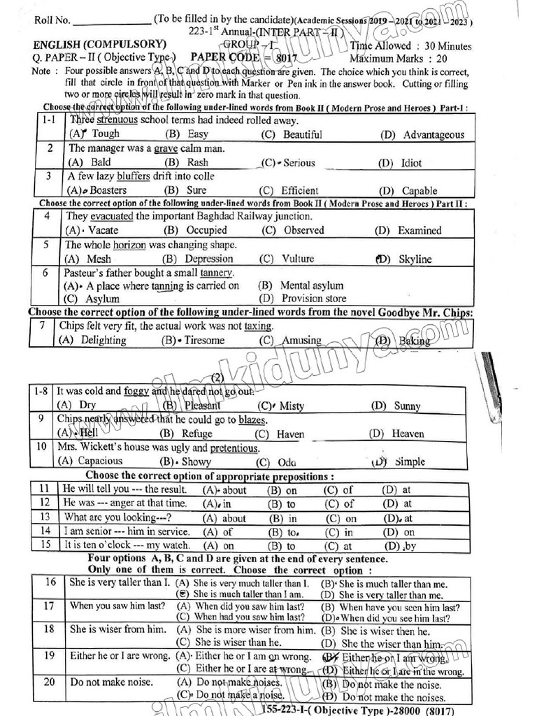 Past Paper 2023 Inter Part II Lahore Board English Objective | PDF