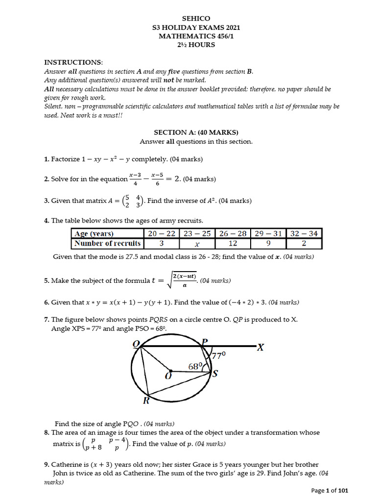 s3 Holiday Exams 2021 | PDF | Matrix (Mathematics) | Applied Mathematics