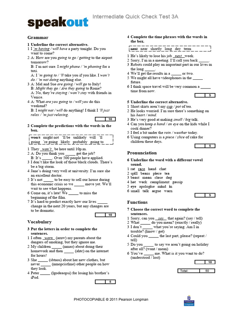 Intermediate Grammar Quick Check Test | PDF