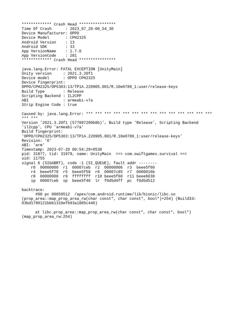 OPPO CPH2325 Crash Report: Unity Error | PDF
