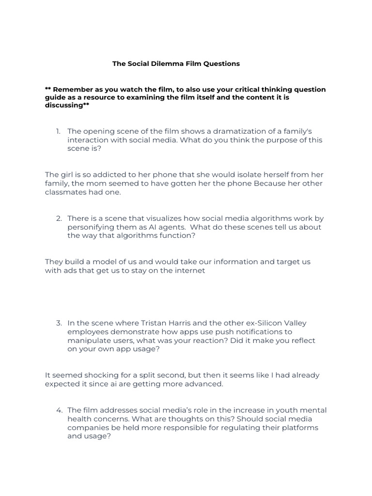 The Social Dilemma Questions | Download Free PDF | Social Media | Popular Culture &amp; Media Studies