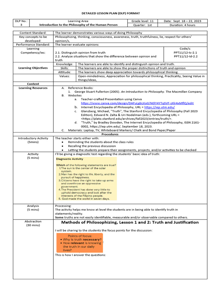 Sample Lesson Plan, Topic: Philosophy Leads To Truth | PDF | Truth ...